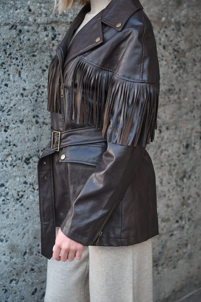 Καφέ Faux Leather Jacket Με Κρόσσια “Raven”