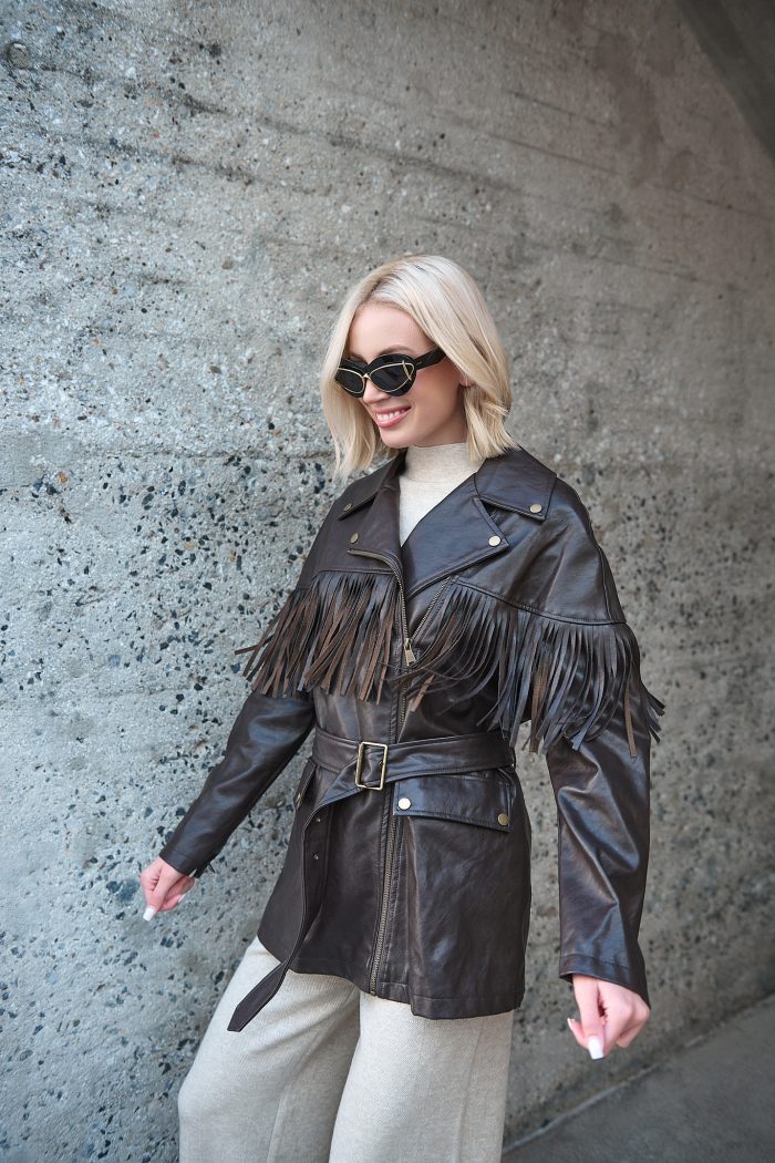 Καφέ Faux Leather Jacket Με Κρόσσια “Raven”