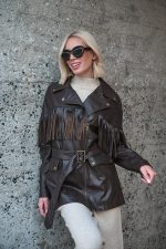 Καφέ Faux Leather Jacket Με Κρόσσια “Raven”