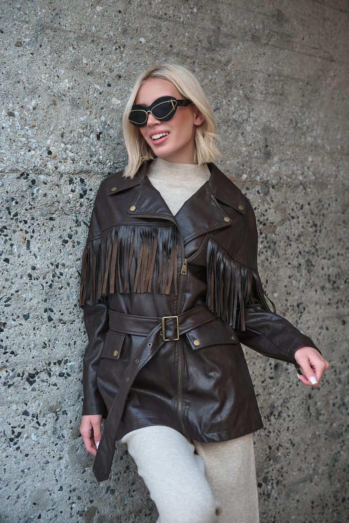 Καφέ Faux Leather Jacket Με Κρόσσια “Raven”