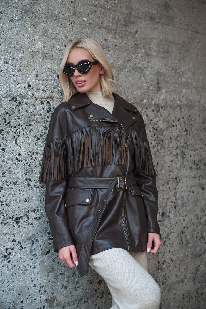 Καφέ Faux Leather Jacket Με Κρόσσια “Raven”