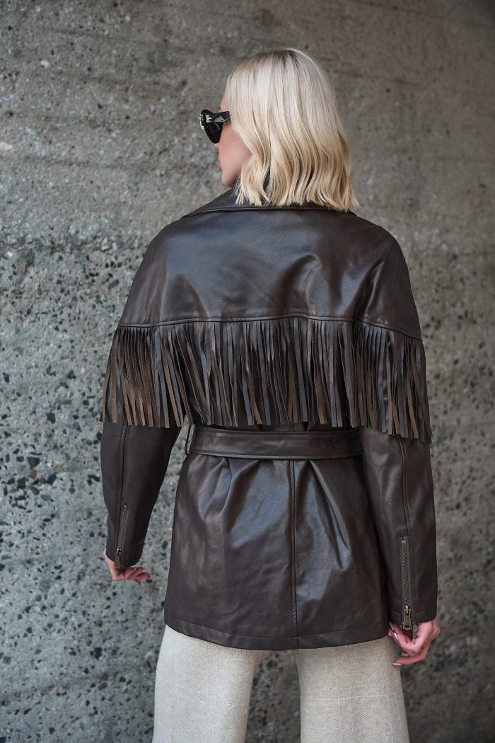 Καφέ Faux Leather Jacket Με Κρόσσια “Raven”