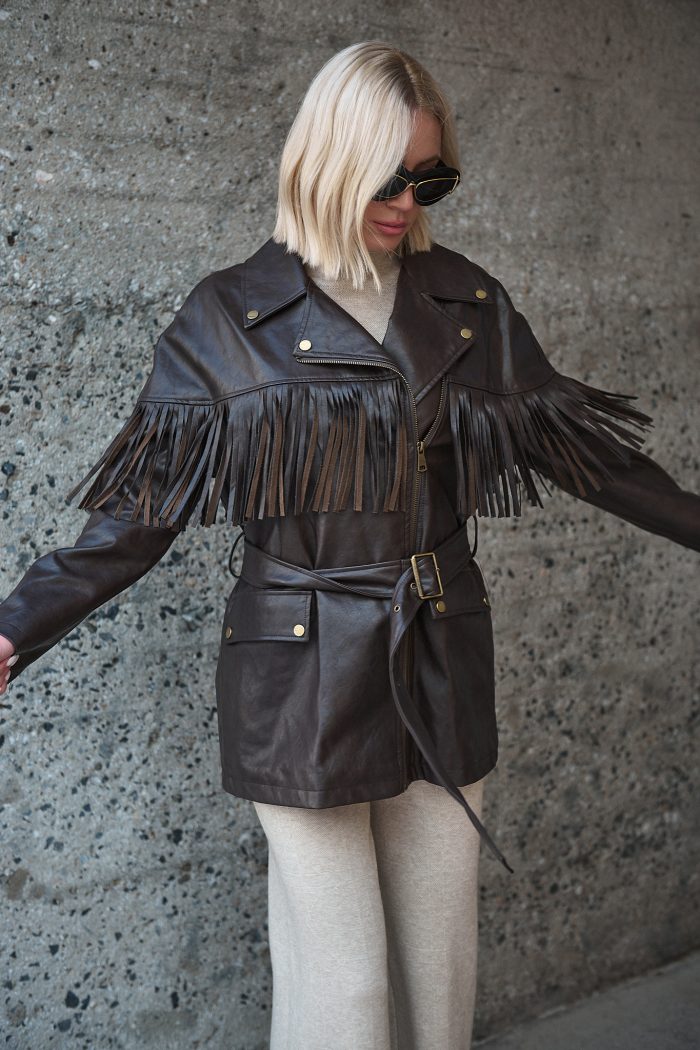 Καφέ Faux Leather Jacket Με Κρόσσια “Raven”