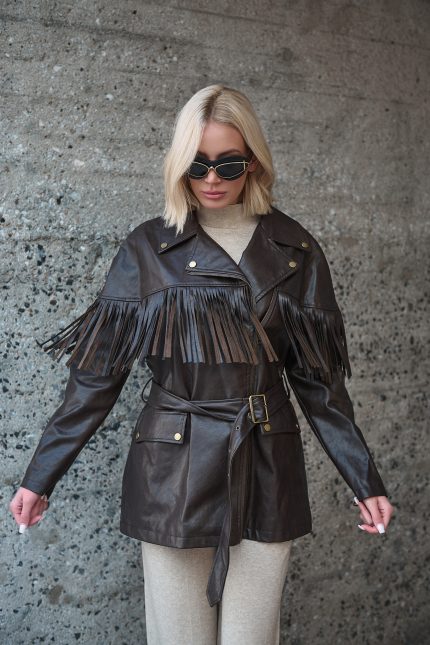 Καφέ Faux Leather Jacket Με Κρόσσια “Raven”