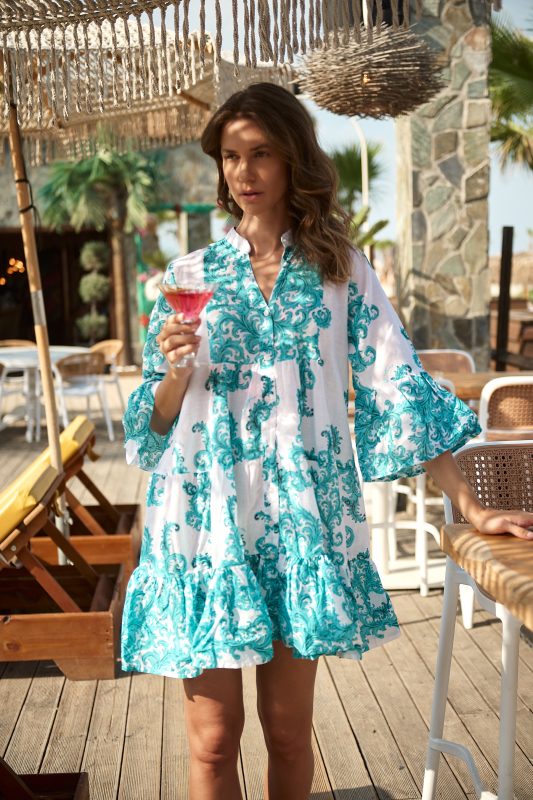 Φόρεμα Καφτάνι Λευκό με Τυρκουάζ Print "Valeria"