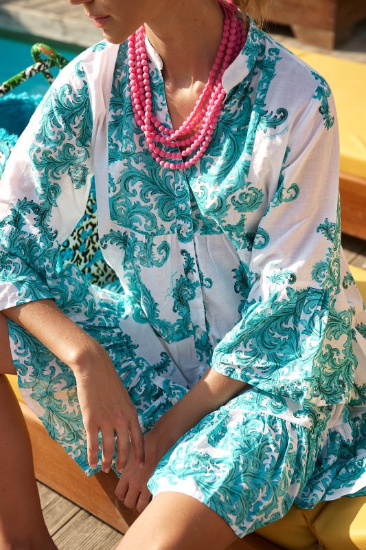 Φόρεμα Καφτάνι Λευκό με Τυρκουάζ Print "Valeria"