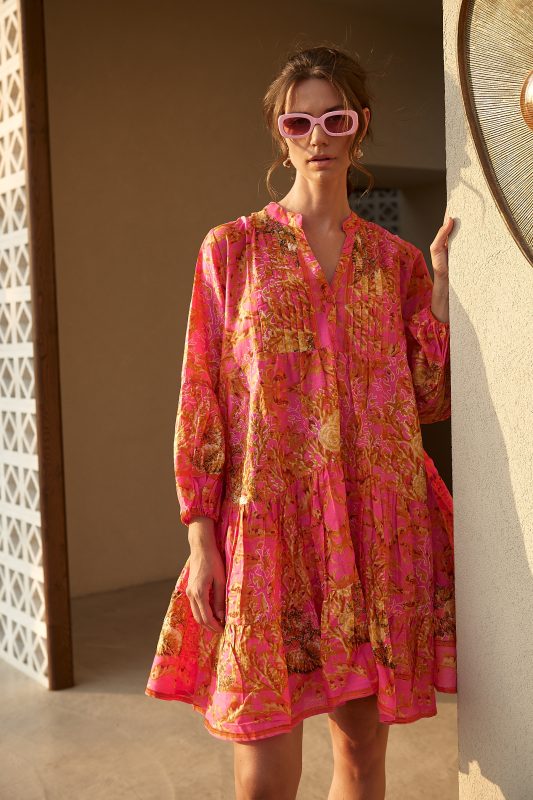 Oversized Φόρεμα Παραλίας Κοραλί με Baroque Print "Lyrica"