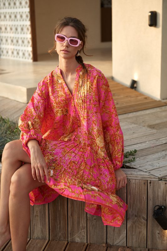 Oversized Φόρεμα Παραλίας Κοραλί με Baroque Print "Lyrica"