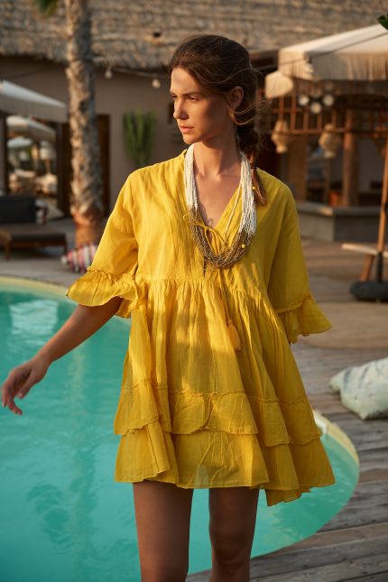 Boho Mini Κίτρινο Φόρεμα με Βολάν "Liora"
